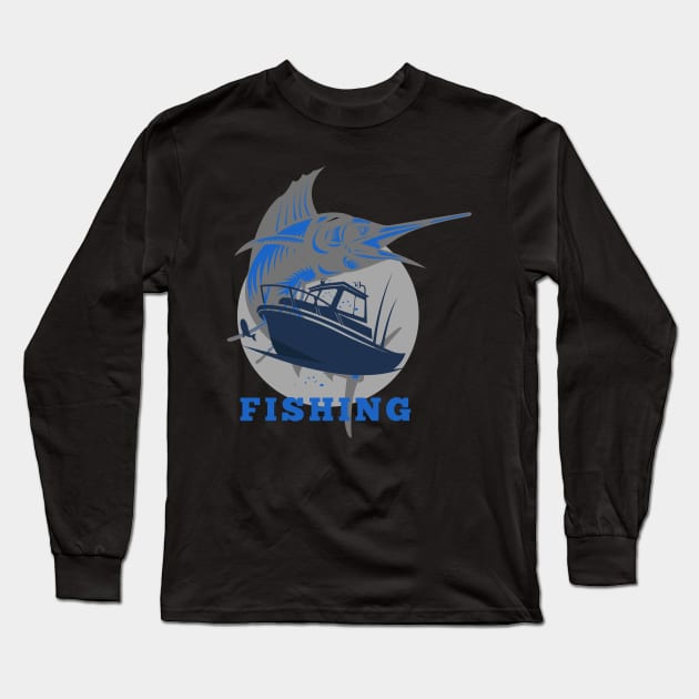 marlin fishing and boat blue Long Sleeve T-Shirt by lmdesignco